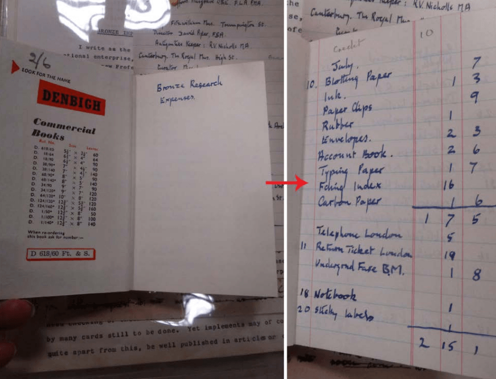 Figure 10. Hawkes’s book recording “Bronze Research Expenses” in connection to his work on the Index at the Institute of Archaeology’s Archive, University of Oxford (© J. Wexler CC-BY)