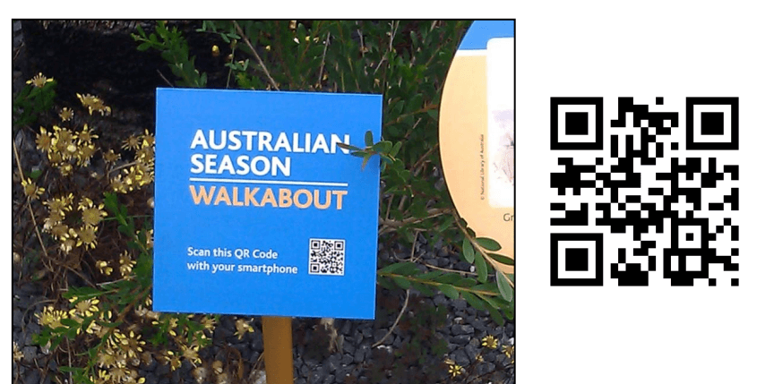 Figure 4: A QR code in the BM Australia Garden exhibition on the West forecourt, 2011. The QR code on the sign (shown on the right) directs visitors to a mobile webpage via a short URL: http://bit.ly/lHPhkB, which used to resolve to the Australia Trail stop 1 page on the British Museum website. (Photo by author.) This follows best practice for using glyphs and mobile devices.