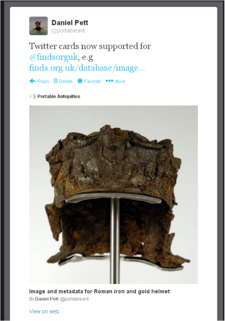 An example of a twitter card for the Hallaton Helmet