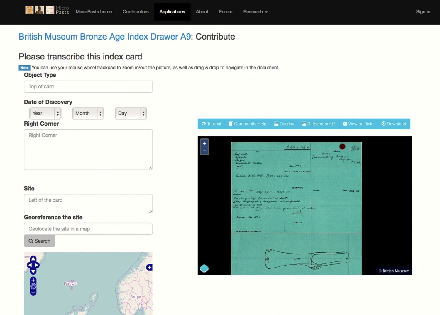 Figure 1. Screenshot showing the functioning of the transcription and geo-referencing application used to crowdsource the digitisation of the National Bronze Age Index.