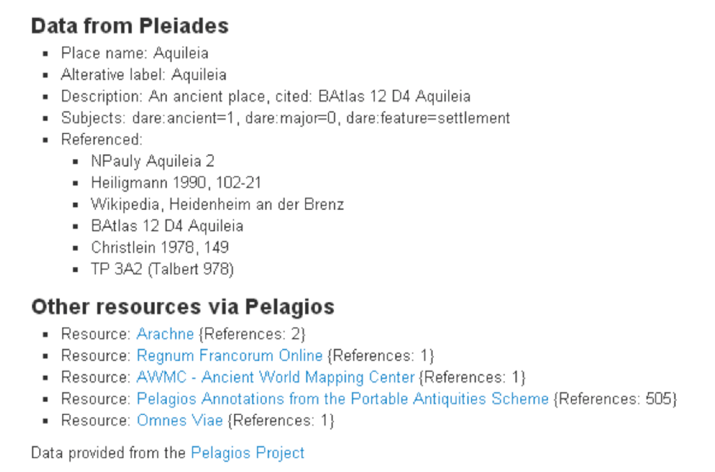 An example of Pelagios and Pleiades data used to enhance PAS pages