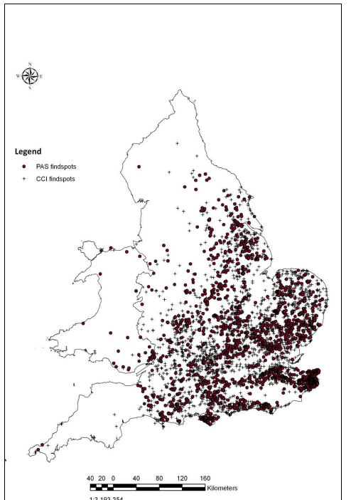 Figure 8: GIS point data for all PAS Iron Age coins (2003-6), plotted against the Celtic Coin Index dataset.