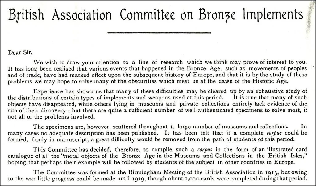 Figure 2. Newspaper clipping from 1920 calling for public assistance in setting up the National Bronze Age Implement Index (NBAI), by the British Association Committee.