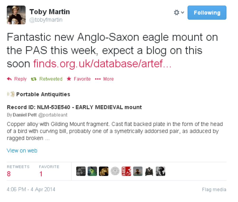Figure 3: A tweet by Toby Martin, documenting a find that he thought was of interest to his followers (https://twitter.com/tobyfmartin/status/452099821256859649 accessed April 8th 2014)
