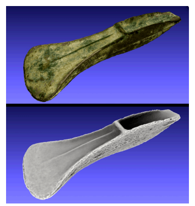 Fig. 5: A 3D model of a Bronze Age palstave, shown with both photographic texture and ‘ambient occlusion’ surface