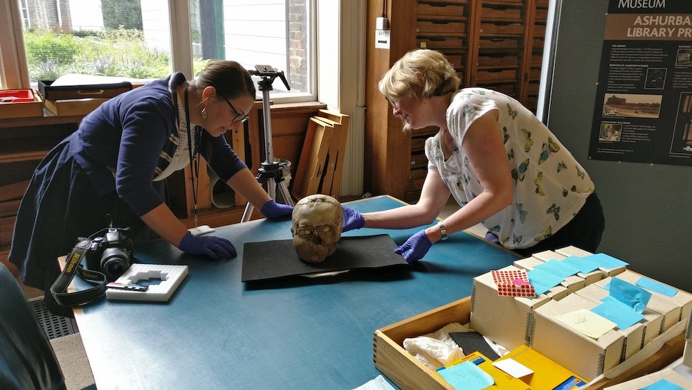 Jennifer Wexler and Sally Fletcher with the Jericho skull