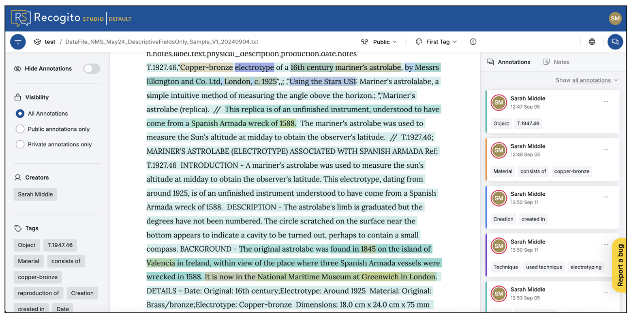 Figure 1 Diagram showing the data model used as the basis for annotation, referencing equivalent CIDOC CRM and Linked Art terms (green coloured nodes signify references to external vocabulary terms).