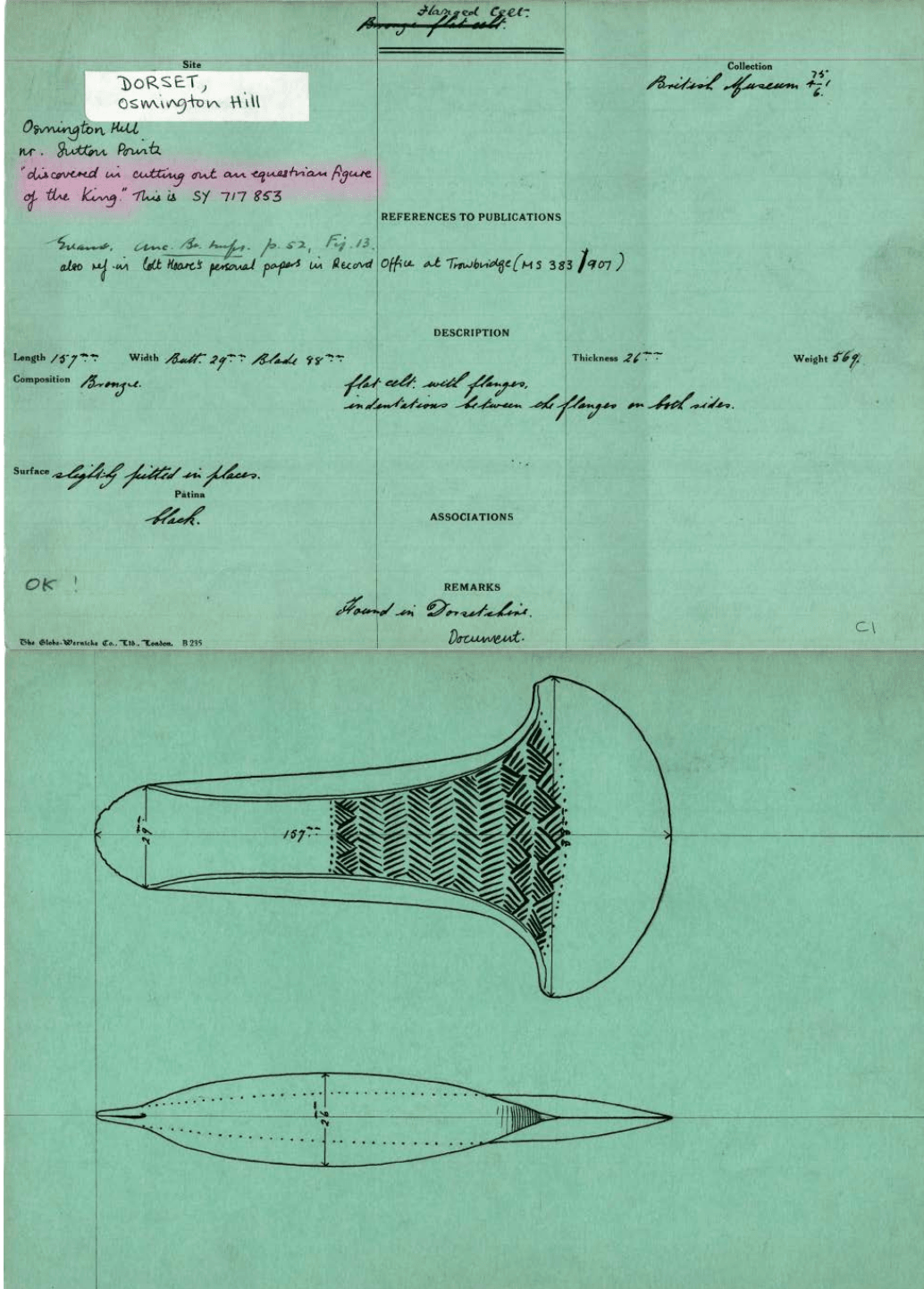 Figure 9. NBAI card recording a flanged axe “discovered in cutting out an equestrian figure of the king” from Osmington Hill, Dorset (© Trustees of the British Museum CC-BY)