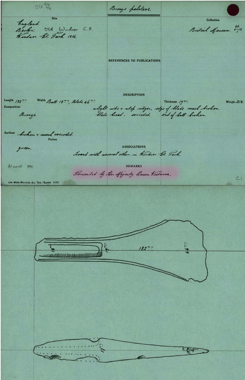 Figure 8. Queen Victoria’s donation of a bronze axe to the British Museum in 1866, recorded in the National Bronze Age Index (NBAI) (© Trustees of the British Museum CC-BY).