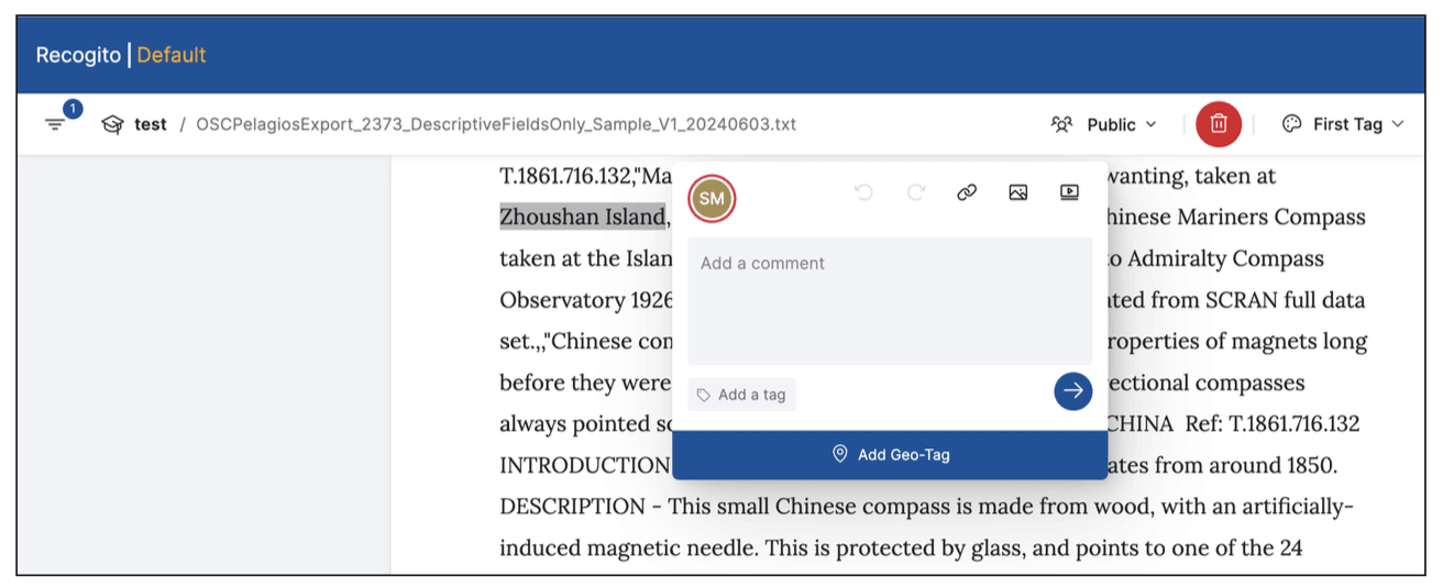 Figure 2 Screenshot showing the annotation popup in Recogito Studio.