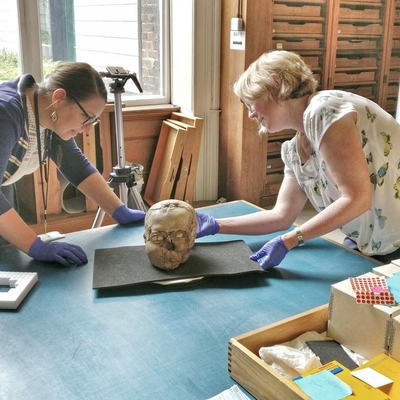 Jennifer Wexler and Sally Fletcher with the Jericho Skull