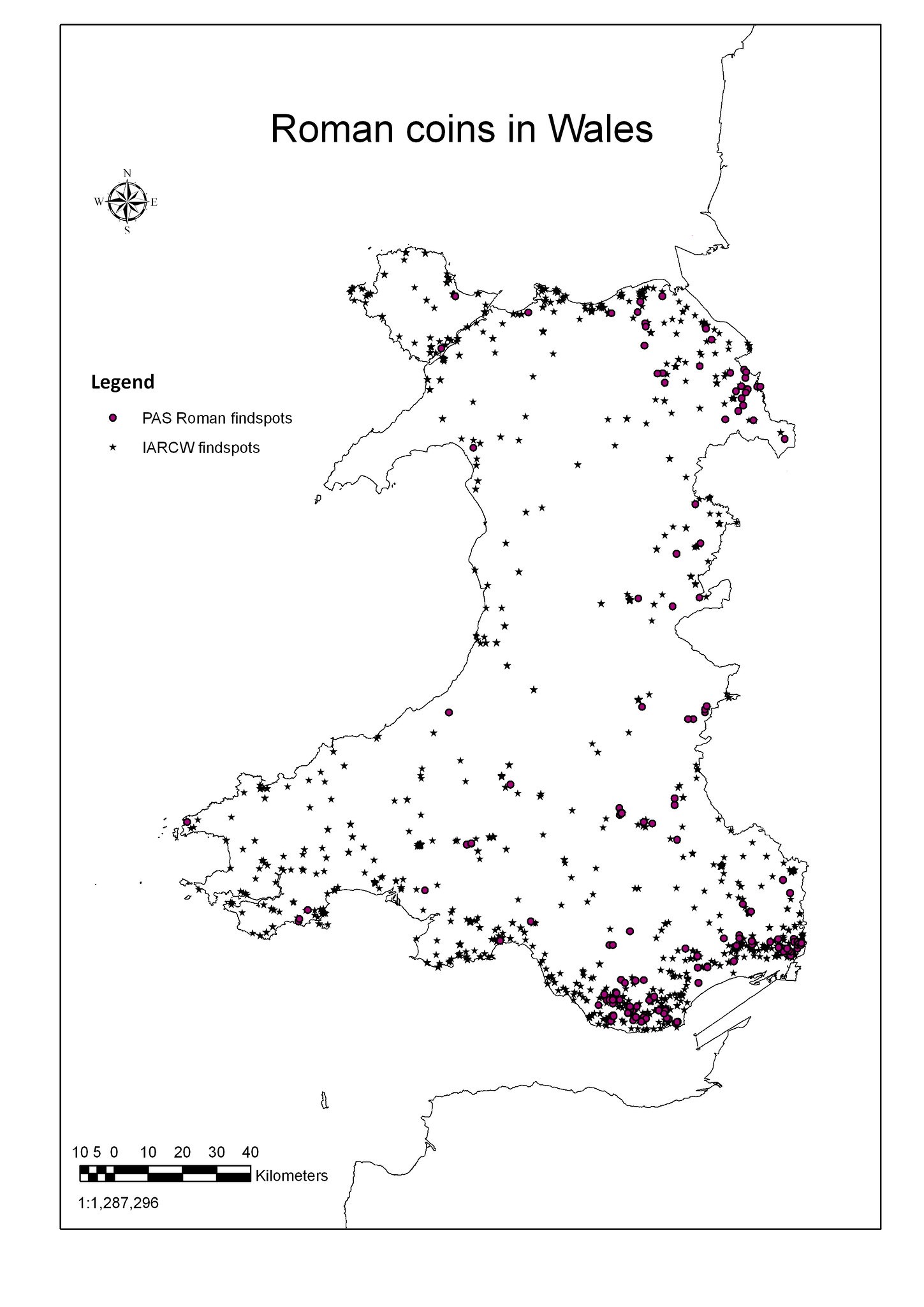 Figure 9: GIS point data for all PAS Roman coin finds (2003-6), plotted against Guest and Well’s 2007 dataset of Roman coins in Wales.