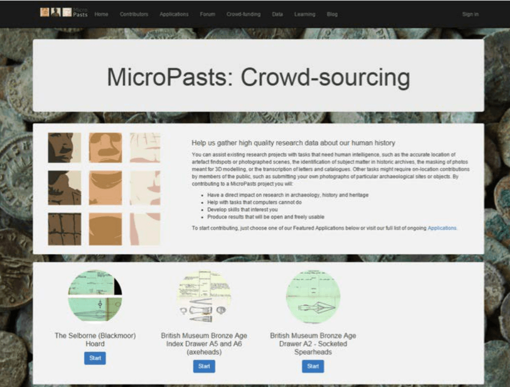 Figure 13. Crowd-sourcing platform for MicroPasts (http://micropasts.org), each new “app” represents one “drawer” of index cards.